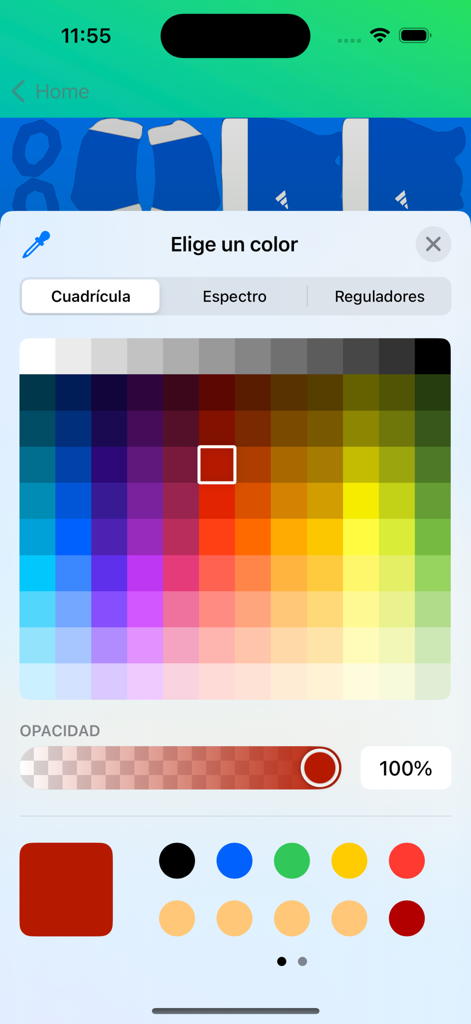 A mobile app interface showing a color grid to customize soccer jerseys