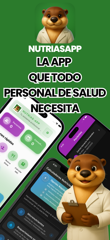 NutriasApp - Pantallas móviles de NutriasApp que muestran calculadoras de nutrición y herramientas de gestión de pacientes para profesionales de la salud.