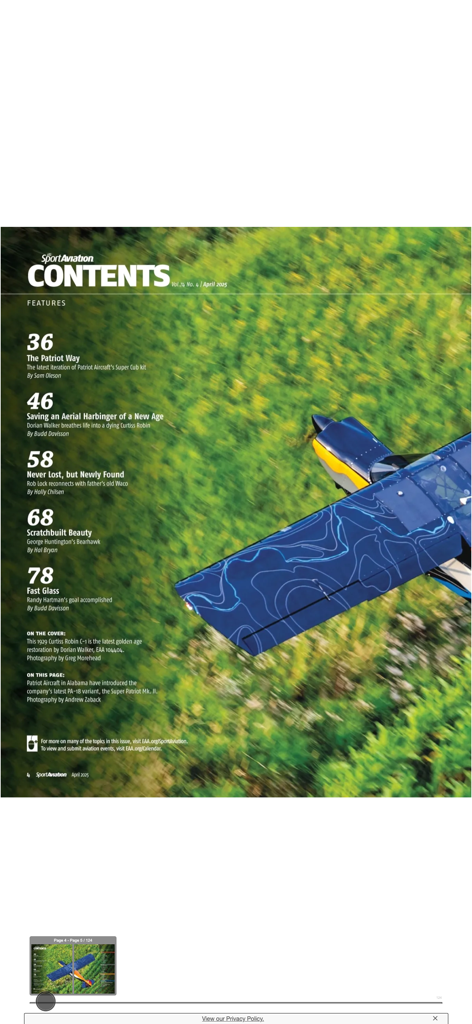 Contents page of the EAA Sport Aviation Magazine April 2025 issue featuring various aviation articles and a blue patterned airplane.