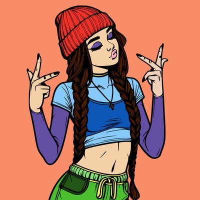 realistic teenage girl with braids and a beanie and crop top doing 🫶🏼