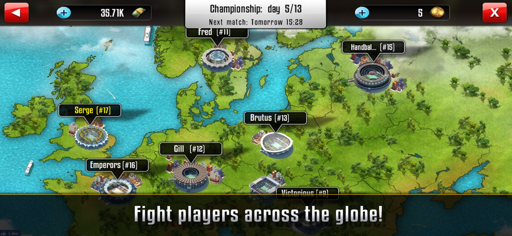 Interfaz de mapa mundial en Handball Manager que muestra ubicaciones de estadios y clubes de jugadores para la competición global