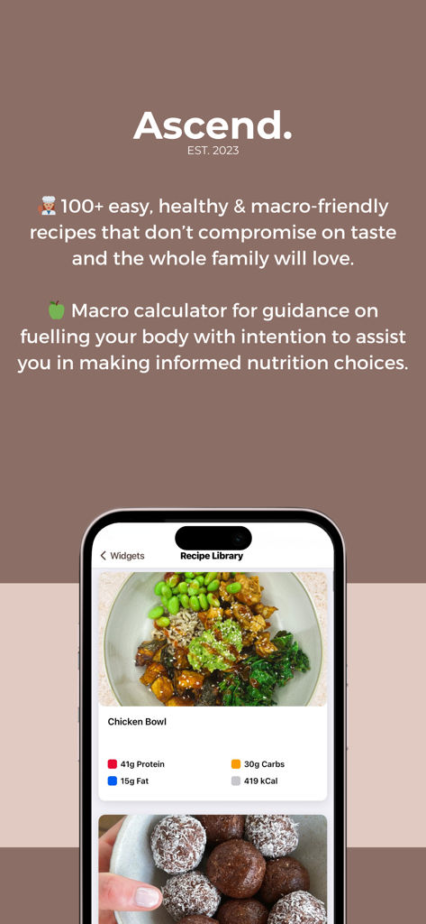 Ascend Wellness App - Screenshot of the Ascend Wellness App's recipe library showing a healthy chicken bowl with detailed macronutrient breakdown for protein, fat, carbs, and calories.