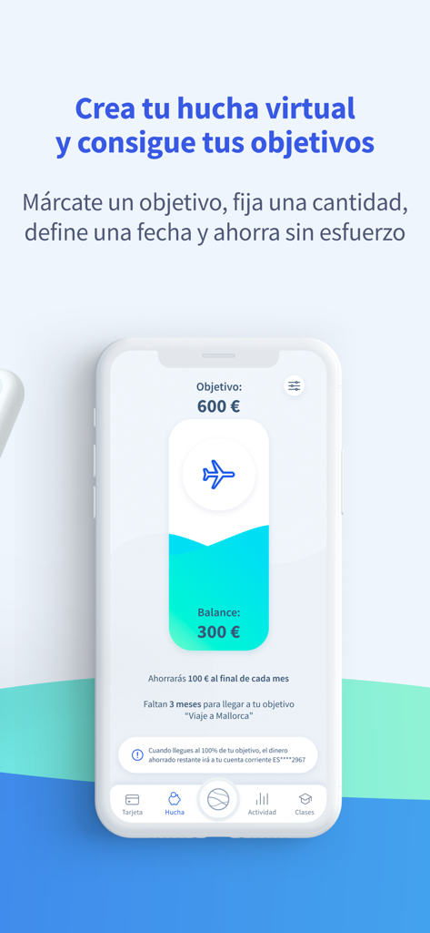 Payflow mobile app interface showing a virtual piggy bank and a savings goal for a trip