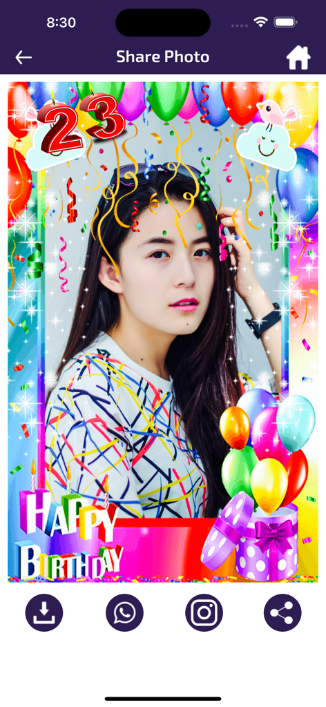 Birthday Photo Frames - Editor - Pantalla de la aplicación que muestra un marco de foto de cumpleaños personalizado con opciones para compartir en redes sociales