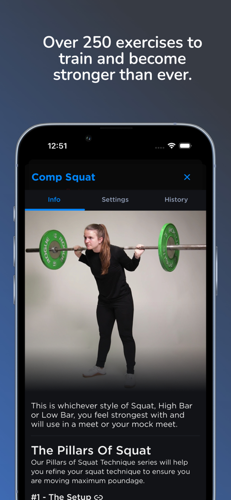 JuggernautAI app interface showing competition squat technique and exercise details