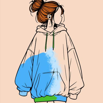 realistic girl with a oversized sweatshirt on and a bun