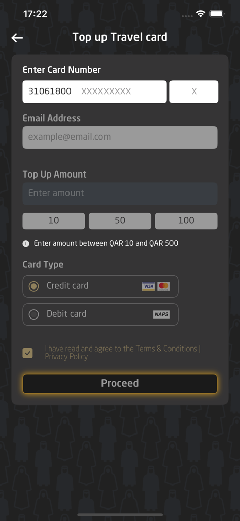 Qatar Rail - Top up travel card screen in the Qatar Rail app