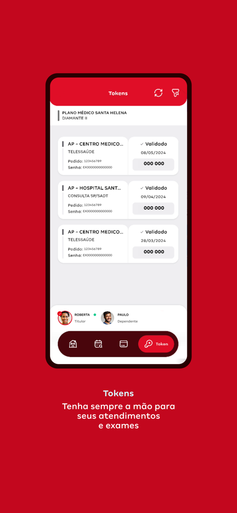 Santa Helena Saúde - The Santa Helena Saúde app interface showing a list of validated medical authorization tokens for health services and exams.