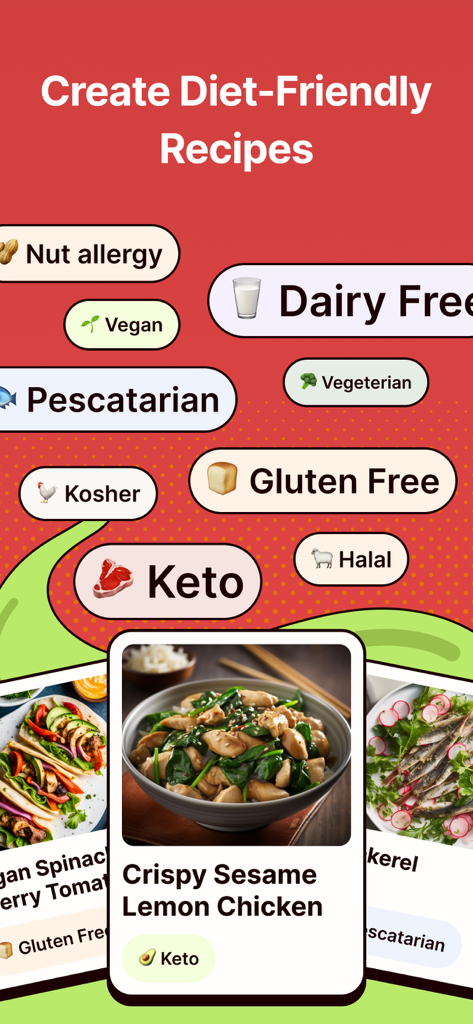 Magic Chef AI Recipe Generator - Magic Chef AIアプリのインターフェースに、ケト、ビーガン、グルテンフリーなどの様々な食事制限に対応したレシピオプションと具体的な食事の提案を表示