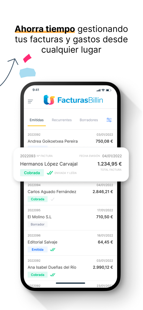 Presupuestos y facturas Billin - Pantalla de la aplicación móvil Billin que muestra una lista de facturas con su estado de pago