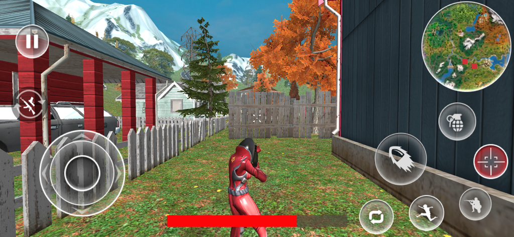 Fight Fort Epic Battle Royale - A character in a red suit aiming a weapon in a suburban neighborhood within the Fight Fort Epic Battle Royale mobile game.