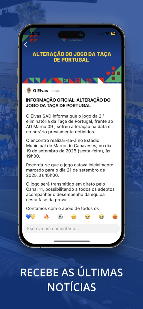 O Elvas - Anúncio oficial de notícias na aplicação móvel O Elvas mostrando atualizações de jogos e reações dos adeptos