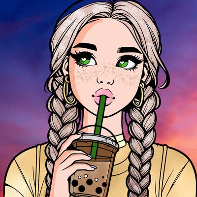 realistic girl with braided hair drinking boba