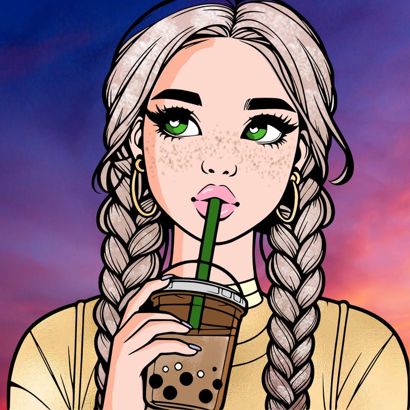 realistic girl with braided hair drinking boba
