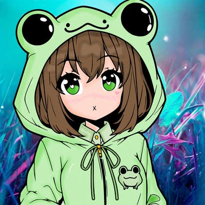 an anime girl wearing a frog hoodie