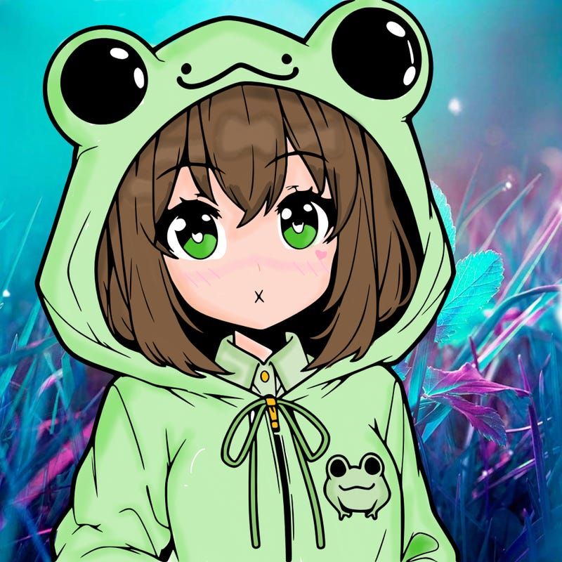 an anime girl wearing a frog hoodie