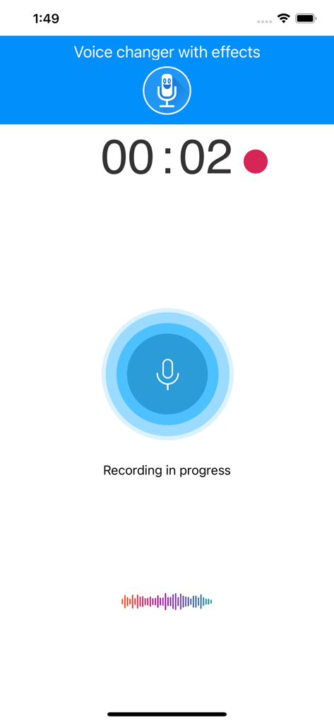 Mobile app interface showing a voice recording in progress with a two second timer and sound waveform