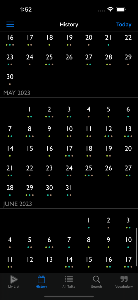 TEDICT app history screen showing a monthly calendar with daily study progress dots