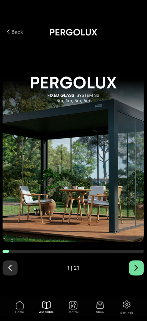 Pergolux - A modern black pergola with fixed glass walls and a wooden patio seating area shown in the Pergolux app interface