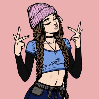 realistic teenage girl with braids and a beanie and crop top doing 🫶🏼