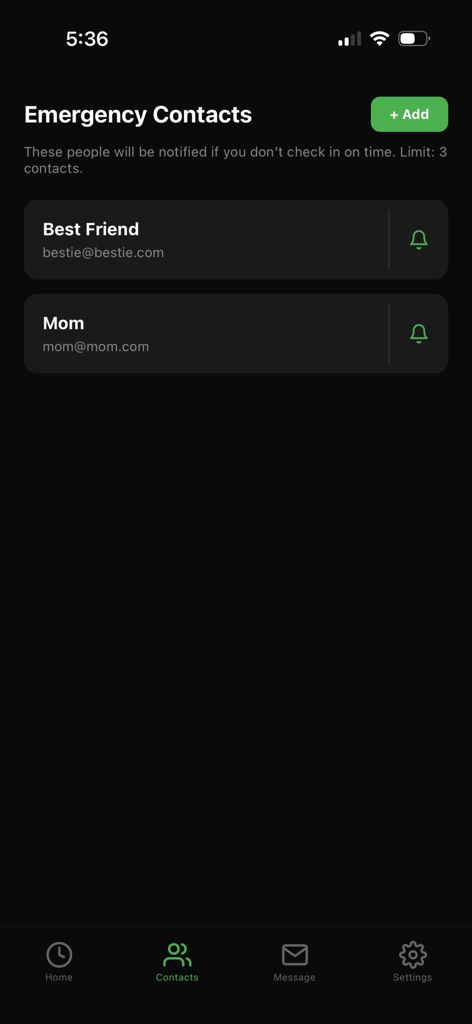 Are You Dead? Deadman Switch - emergency contacts list view in the are you dead safety app showing mom and best friend as saved contacts
