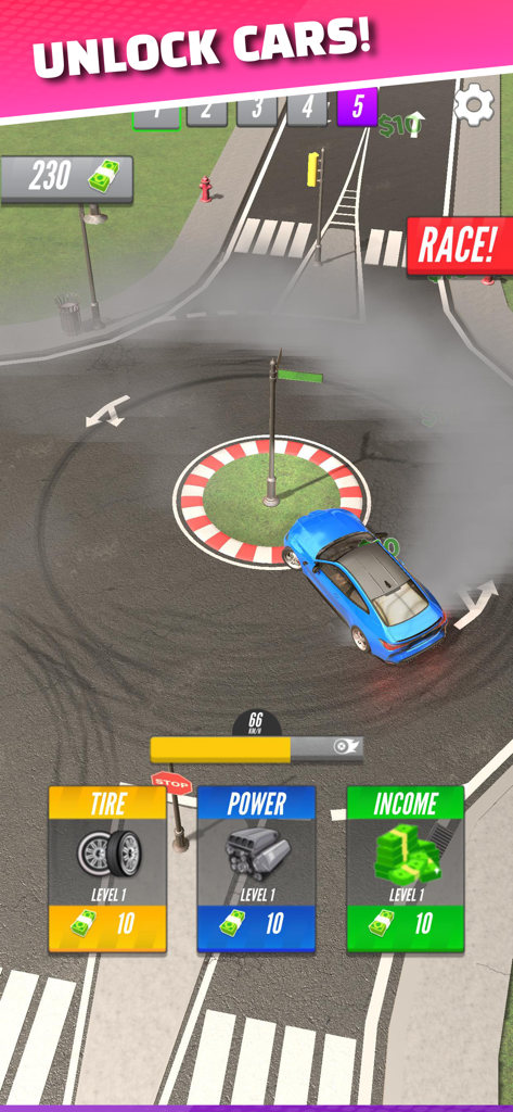 Drift 2 Drag - Blue car drifting in a circle with upgrade options for tires, power, and income.