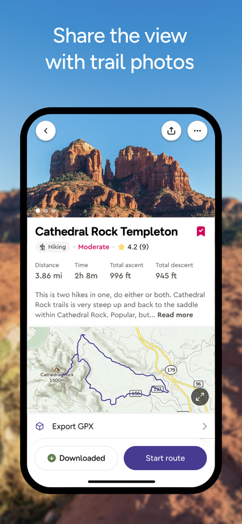 OS Maps: Walk, Hike, Run, Bike - Aplicación móvil OS Maps mostrando detalles de la ruta de senderismo para Cathedral Rock Templeton, incluido el mapa y las estadísticas de elevación