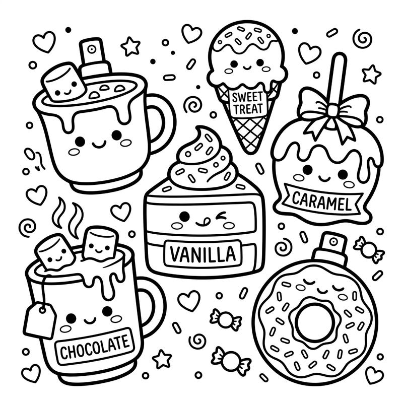 Discover an irresistible collection of kawaii gourmand treats, ready for your creative touch! This delightful coloring page features sweet vanilla, chocolate, and caramel characters in an adorable style.