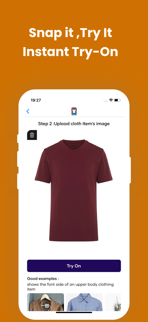AI Clothes Try-On: DressTry - Interfaz de la aplicación DressTry que muestra el paso para subir una camiseta de color granate para prueba virtual