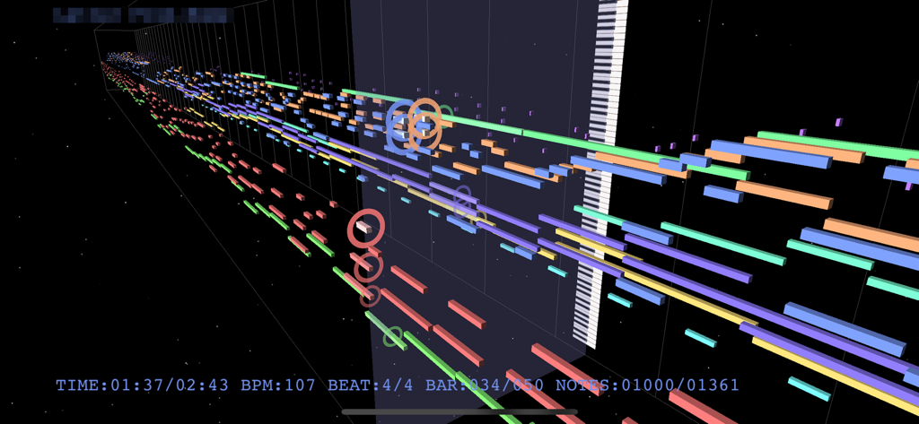MIDITrail - A 3D visualization of colorful MIDI notes moving through space with a digital piano keyboard