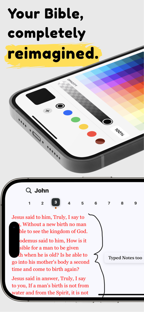Aplicación Bible Tiles mostrando una paleta de colores y anotaciones escritas a mano sobre el texto de las escrituras.