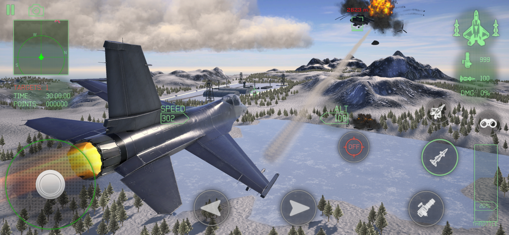 A fighter jet engaging in combat with an exploding helicopter over a snowy mountain landscape