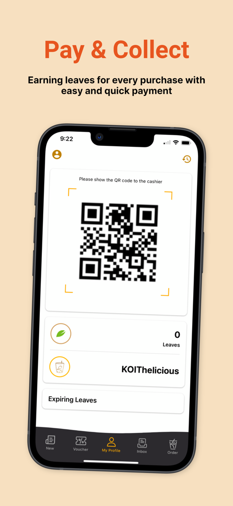KOI Thé Malaysia - KOI Thé Malaysia app Pay and Collect screen showing a QR code for payment and earning reward leaves