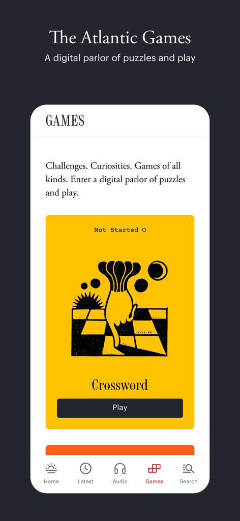 The Atlantic Magazine - The Atlantic Magazine app games section showing the daily crossword puzzle interface