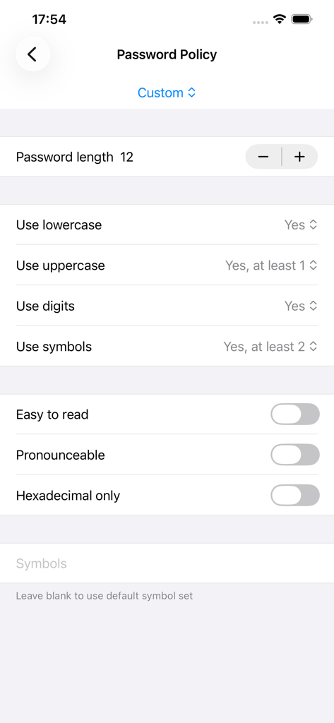 Custom password policy configuration screen in pwSafe 2