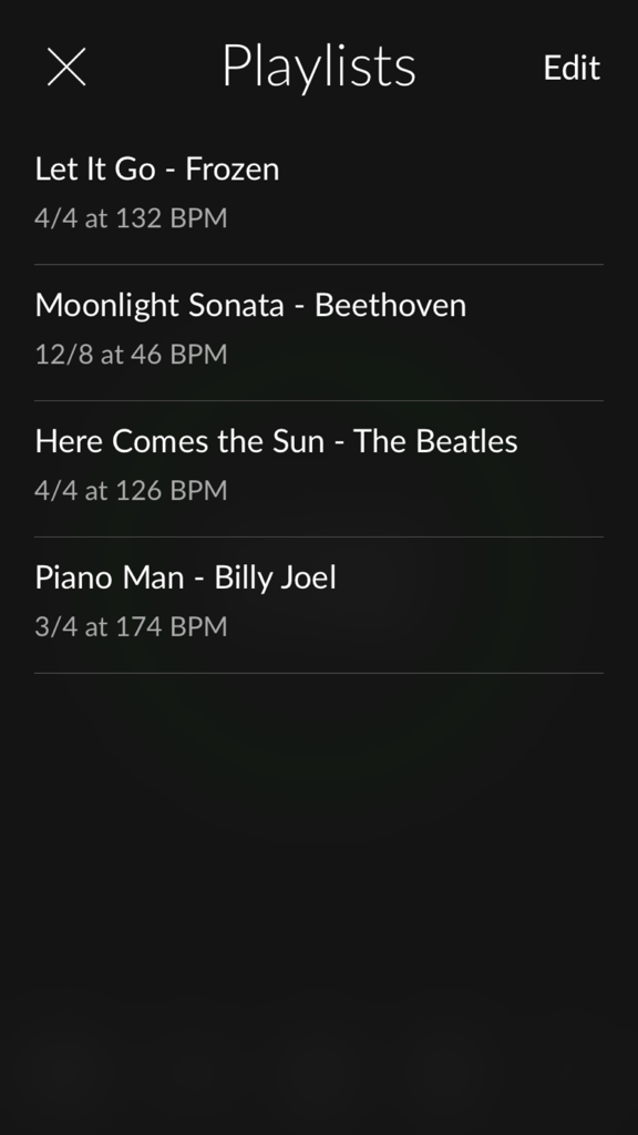 Pulse - Metronome & Tap Tempo - A list of song titles with time signatures and tempo BPM settings in the Pulse Metronome app.