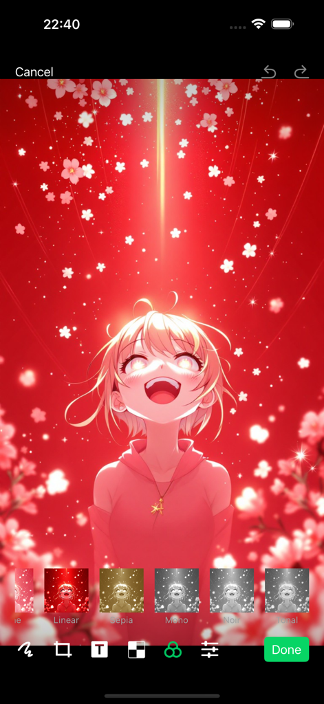 Anime Live Wallpaper 4K! - Interface for editing an anime wallpaper featuring a girl with glowing eyes and various color filter options