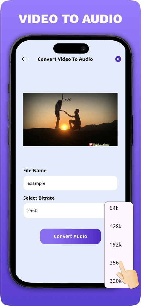 Audio Video Media Converter - A mobile app interface for converting video to audio with bitrate selection settings