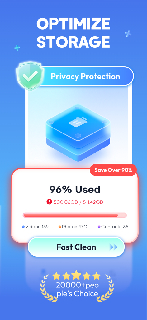 Pantalla de iPhone mostrando el 96% de almacenamiento utilizado con un botón de limpieza rápida para fotos, vídeos y contactos