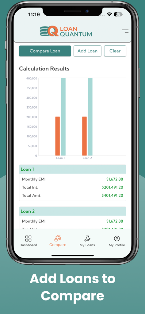 LoanQuantum - Interfaz de la aplicación móvil LoanQuantum que muestra una comparación lado a lado de dos préstamos con un gráfico de barras y desgloses detallados de EMI
