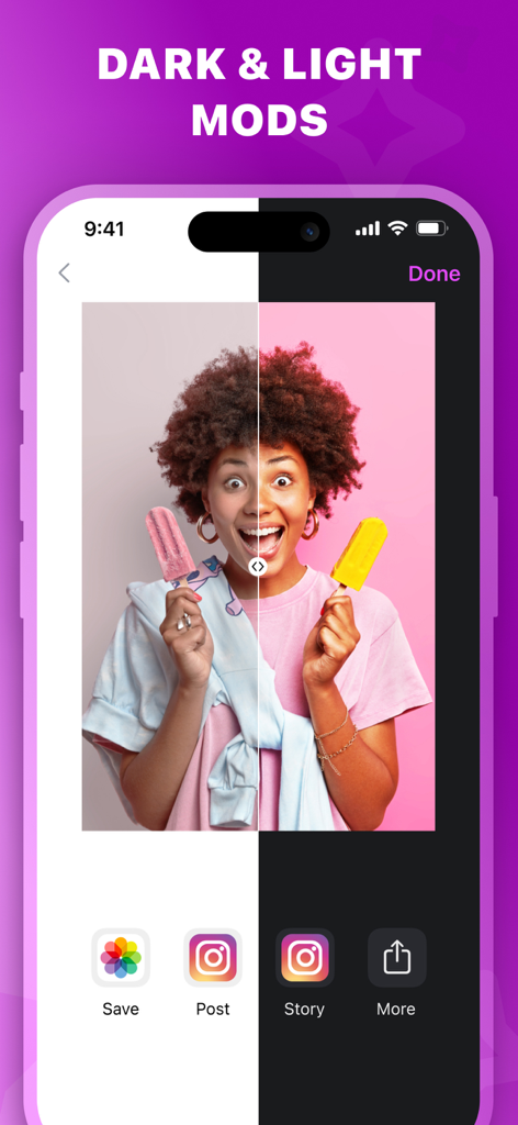 Photo Retouch - Erase Objects - 写真加工アプリのダークモードとライトモードのユーザーインターフェースが表示された分割画面ビューと、SNSエクスポートオプション