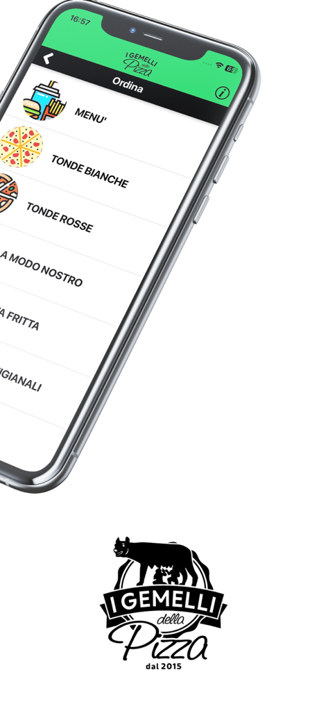 I Gemelli Della Pizza app screen showing various pizza categories for ordering