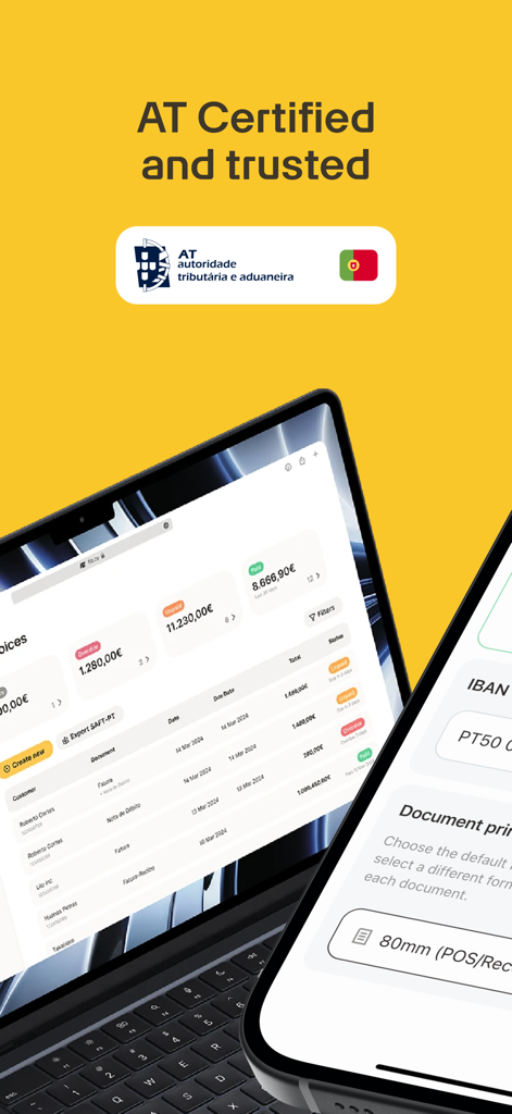 FIZ app interface on a laptop and smartphone showing AT certified invoice management