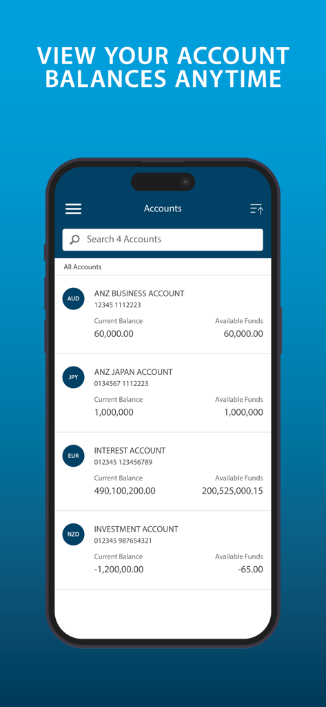 ANZ Transactive - Global - ANZ Transactive Global app displaying multiple corporate account balances in various currencies