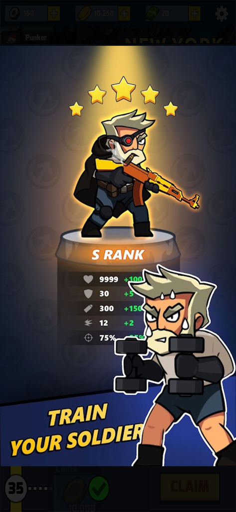 A game screenshot of the train your soldier menu showing an S rank hero with upgraded stats and a character lifting weights.