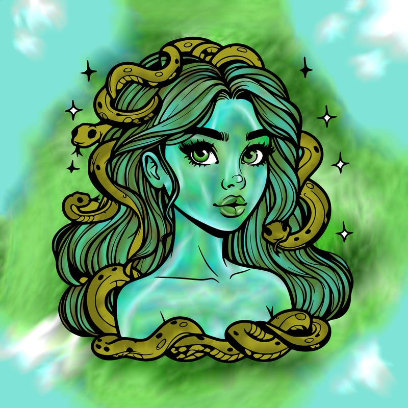 realistic girl with snakes as hair