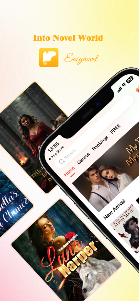 EasyNovel - EasyNovelアプリのインターフェースと人気のロマンス＆ファンタジーのブックカバーが表示されたスマートフォン