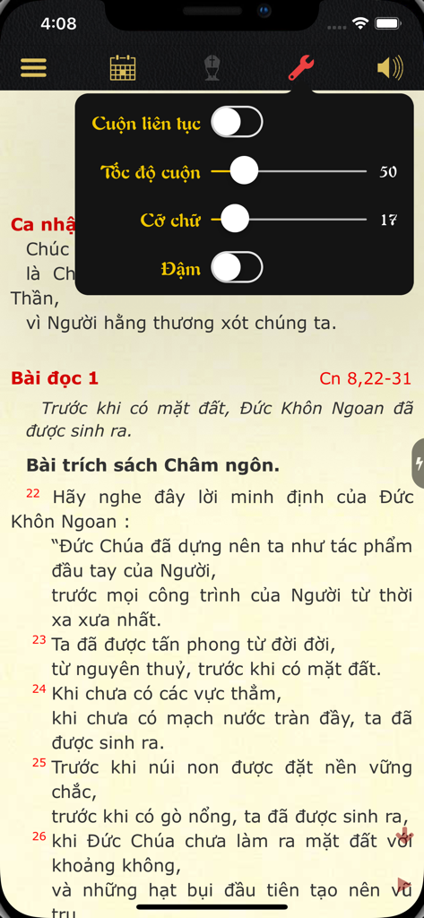 Settings menu in the KTCGKPV app showing options for adjusting font size bold text and scrolling speed