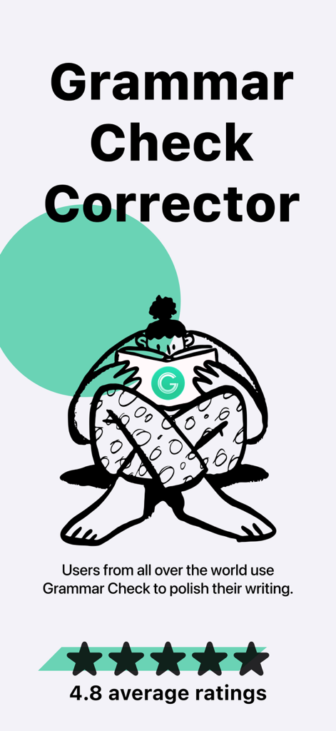 Grammar Check Corrector by AI - Pantalla promocional de Corrector de Gramática por IA mostrando una calificación de 4.8 estrellas y una persona leyendo un libro