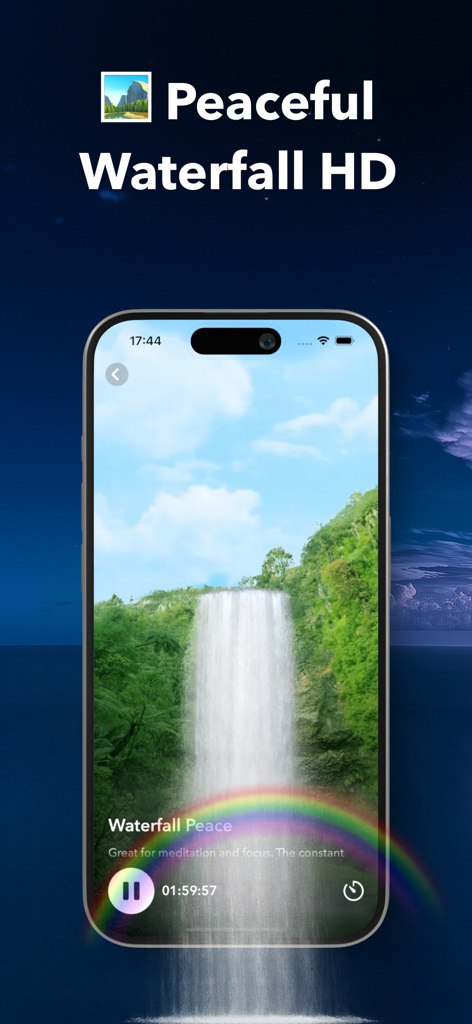 Thunderstorm Sleep Sounds - High definition visual soundscape of a peaceful waterfall with a rainbow on an iPhone screen